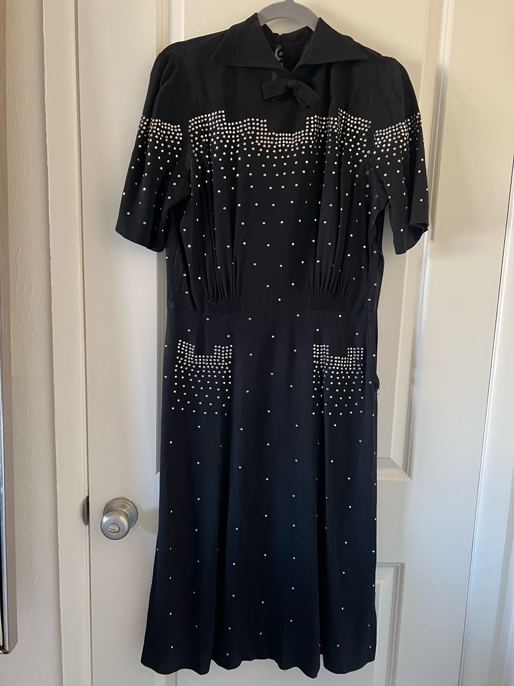 1940s Black Embellished Studded Midi Dress with Bow Collar As Is